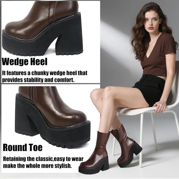 ⚡Women's A-brown Prime Synthetic Wedge Heel Ankle High Platform Zipper Punk Boot - Picture 4 of 6